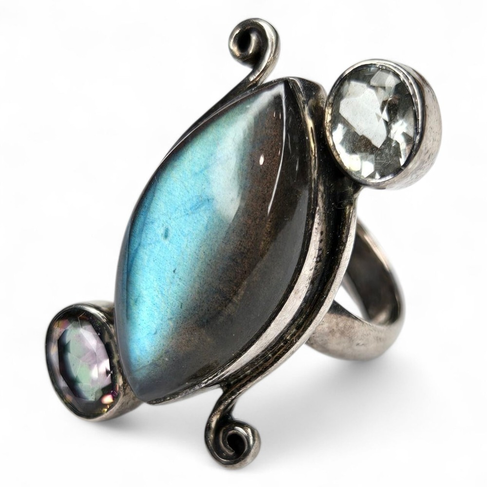 Sterling Silver 925 Labradorite Mystic Topaz Aquamarine Statement Ring Size 8.25